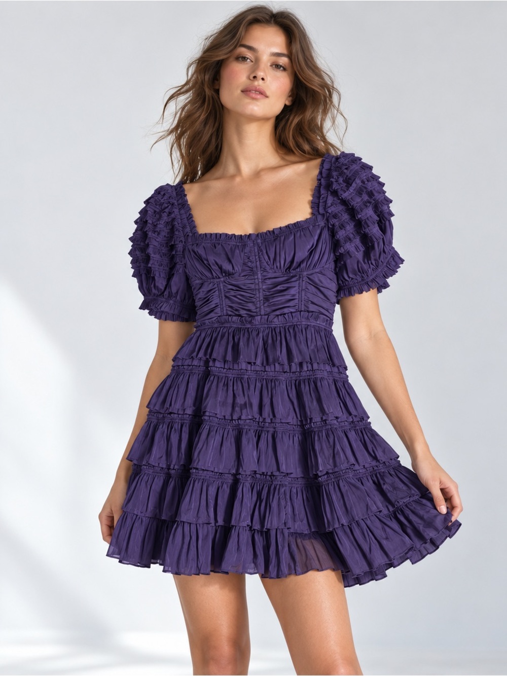 Ulla Johnson Deep Purple Ruffled Tiered Mini Dress